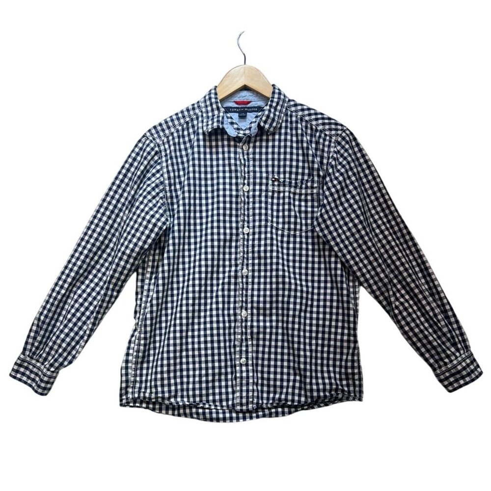 Tommy Hilfiger Youth Long Sleeve Button Up Shirt Large Navy White Gingham Casual